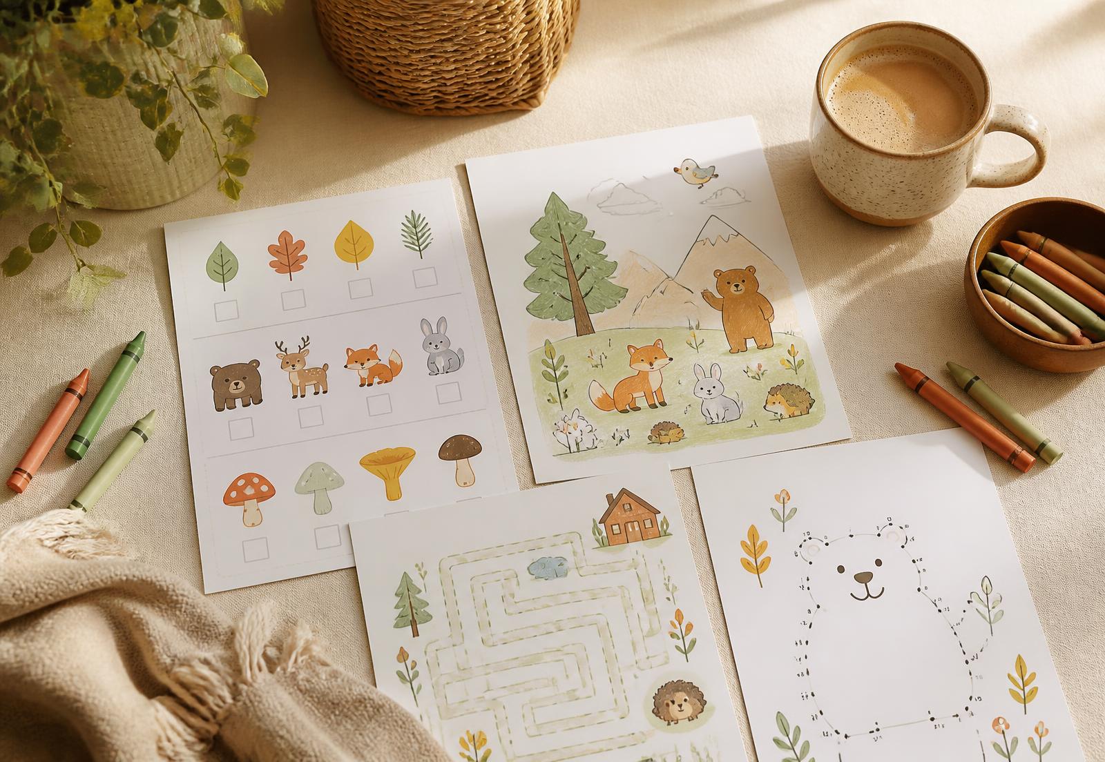Resource kids activity sheets and crayons on a warm linen table